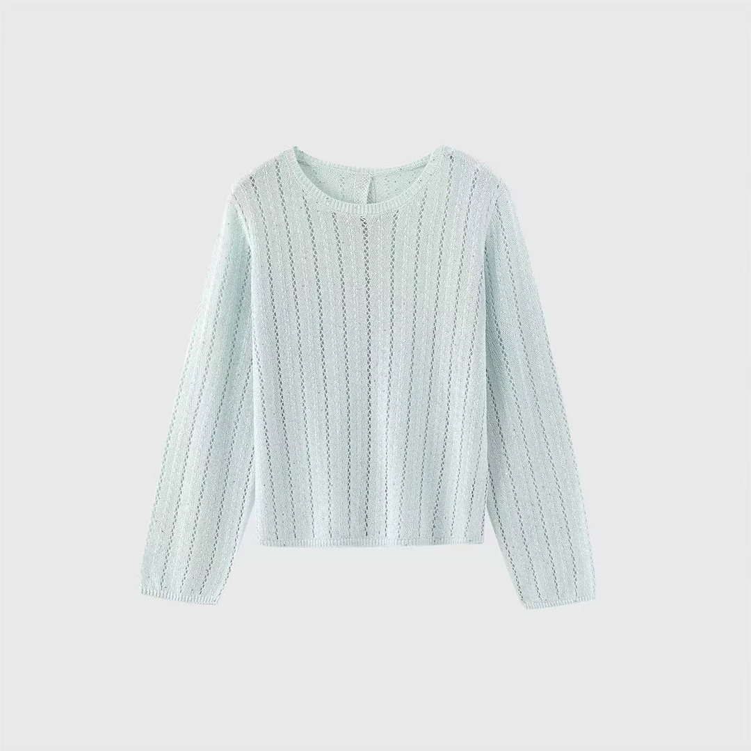 2025春夏新款小珠片纱竖条纹卷边女针织镂空衫