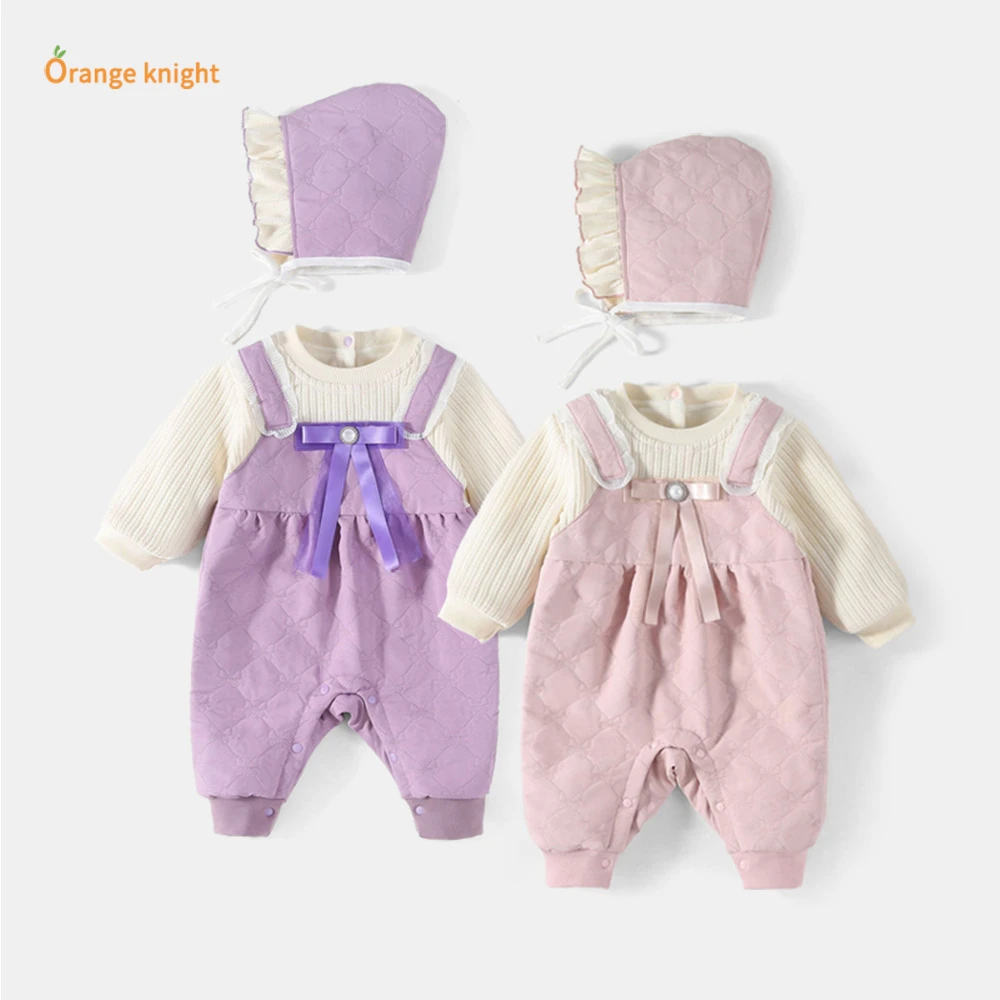 宝宝衣服2025新款秋冬装加厚棉服新生儿连体衣可爱蝴蝶结外出哈衣