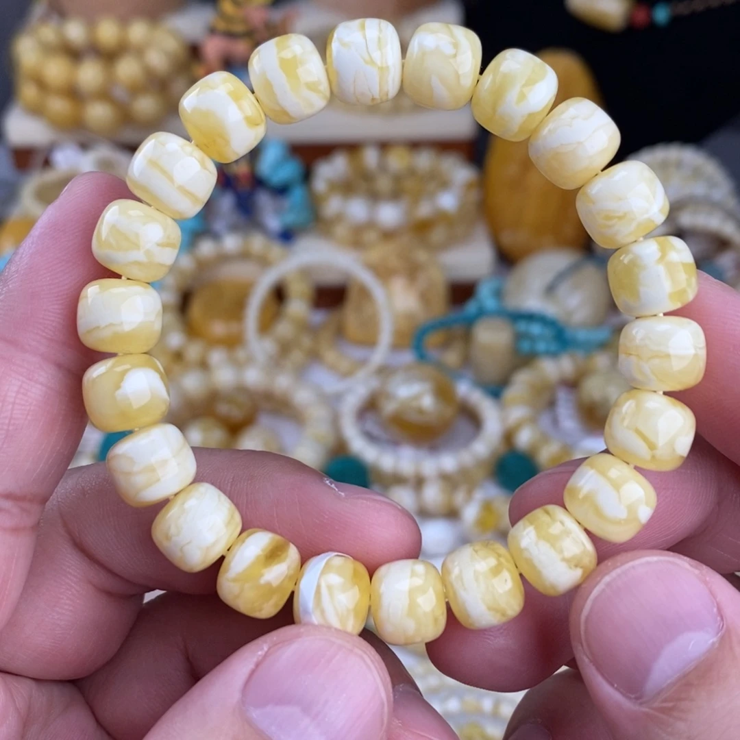 蜜蜡未镶嵌手链瓷白细纹虎皮10mm