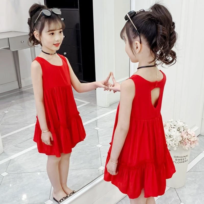 时尚新女童森系连衣裙夏季女童红色连衣裙女大童连衣裙2025夏装新