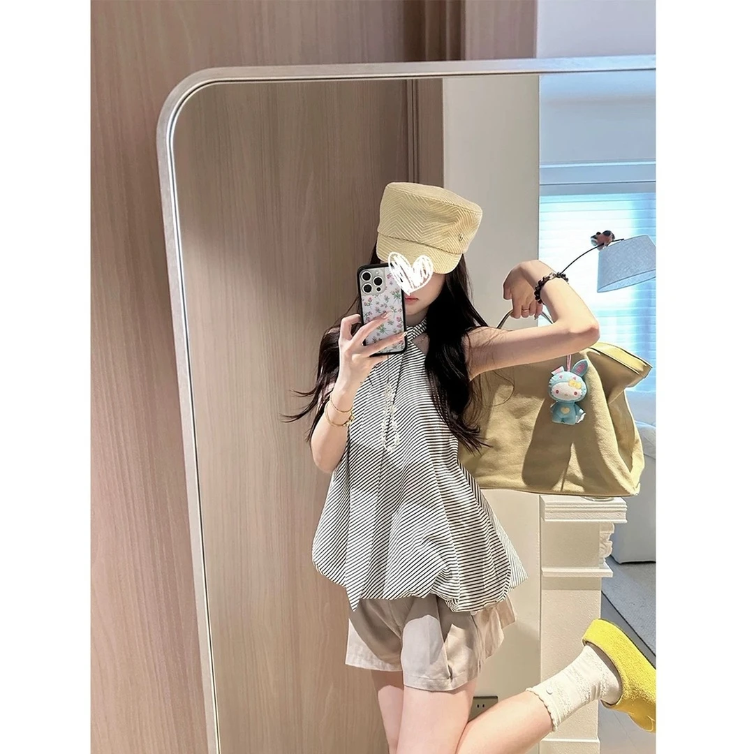 2025夏季新款 首尔街头 条纹挂脖领带飘带蓬蓬上衣背心设计感上衣