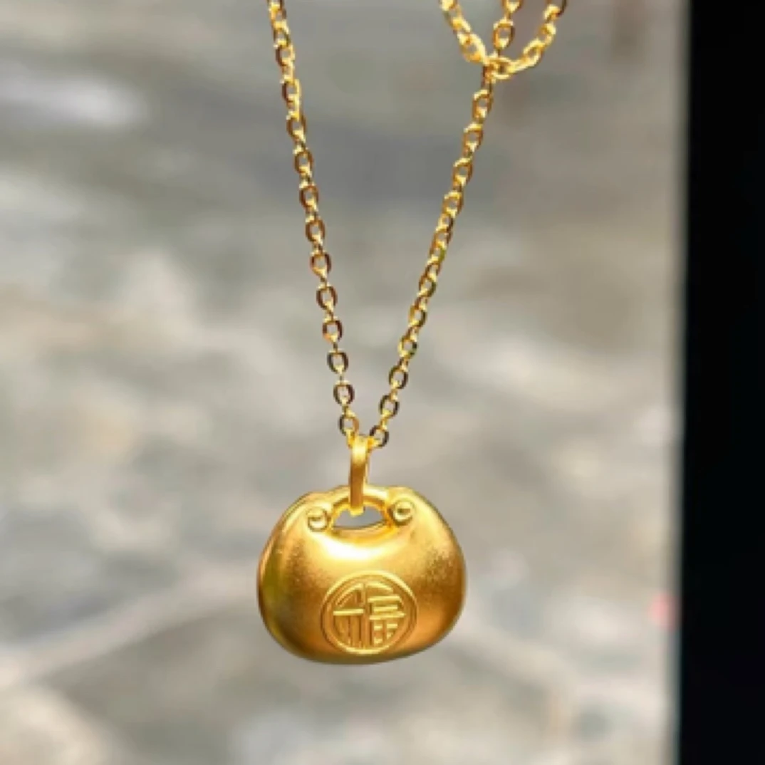 钛钢项链 古法金色大气小坨胖福元宝金墩墩祥云福袋金坨项链礼物