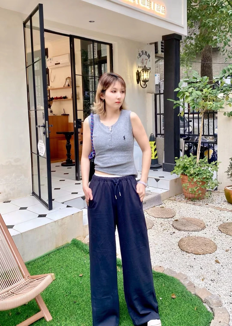 2025春夏季新款时尚撞色休闲韩系抽绳显瘦工装阔腿裤