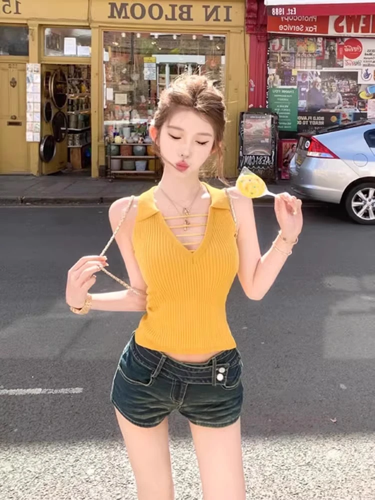 黄色polo领针织吊带背心女夏季多巴胺泰式绝美辣妹修身短款小上衣