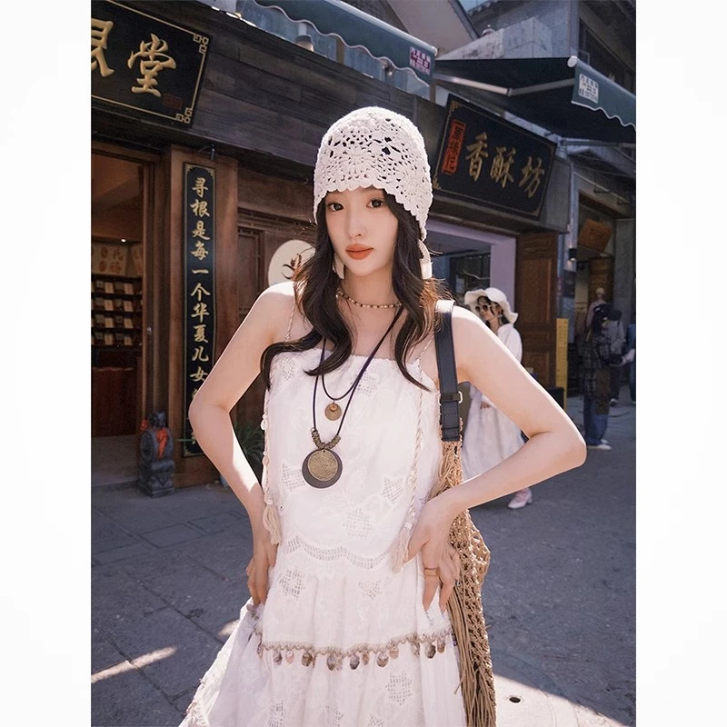 梅子熟了100棉重工刺绣吊带半裙流苏民族风设计感显瘦白色套装女