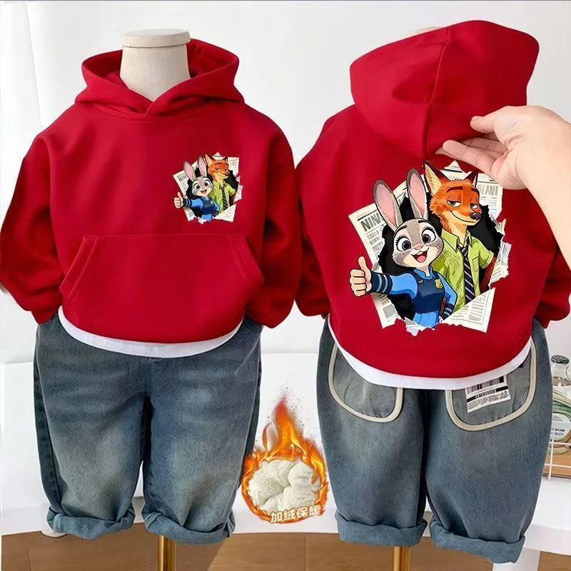 男女童疯狂动物城连帽加绒卫衣秋冬新款宝宝卡通中大儿童外套衣服
