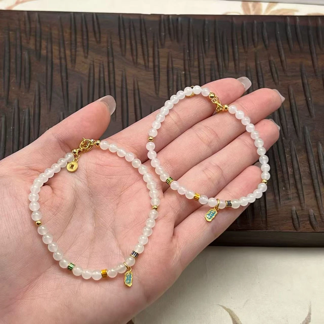 【北野珠宝】天然和田玉白玉手链-B165H-76-多样性发一 4mm