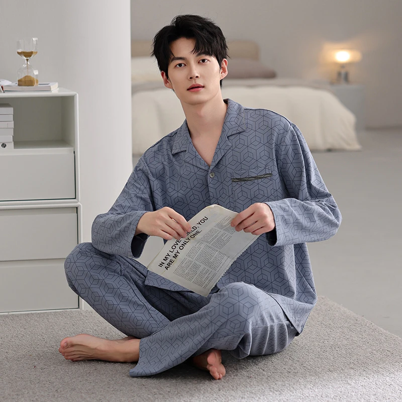 【高档纯棉】男士睡衣全棉春秋款纯棉翻领家居服长袖长裤中老年爸爸