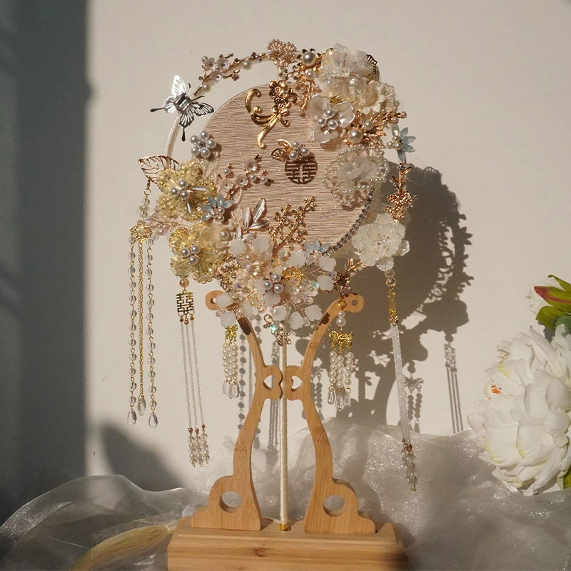 中式新娘秀禾团扇手工DIY材料包双面喜扇闺蜜结婚成品重工工艺扇