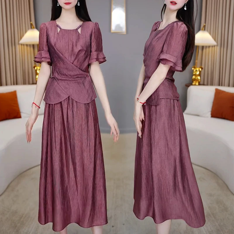 时尚休闲套装裙女2025年夏季新款洋气显瘦荷叶袖上衣半身裙两件套