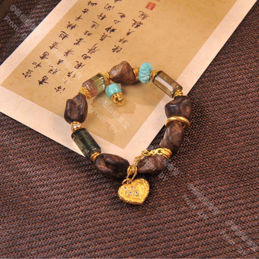 沉香【杨仙仙珠宝】18K厚金镶嵌老惠安留疤沉香多宝手串-A4778