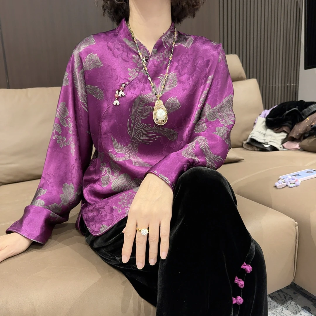 新中式复古时尚凤凰于飞提花雕刻长袖上衣