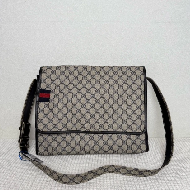 95新 GUCCI/古驰 5752/男士经典时尚蓝老花翻盖邮差包
