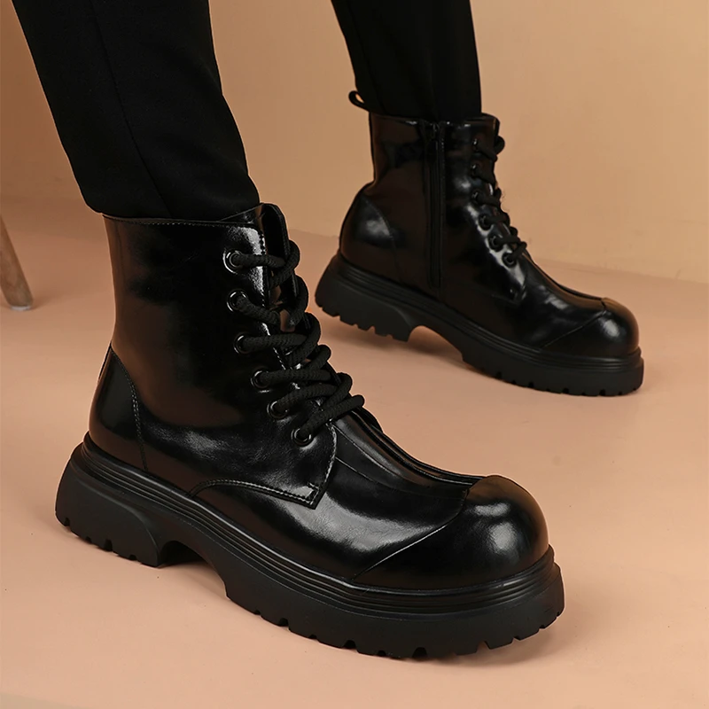 2025男款秋冬中跟防滑马丁靴冬季复古港风韩版防水台系带厚底皮靴