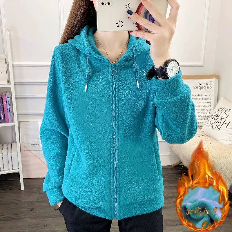 1088外套女户外抓绒保暖加厚连帽开衫弹力加绒内胆秋冬绒衣