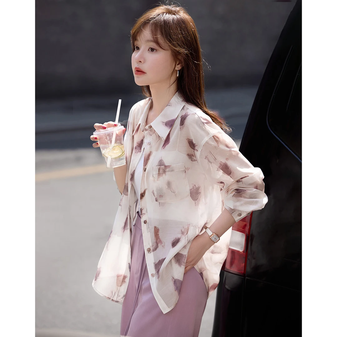 沫晗依美2025秋夏季复古花卉印花长袖衬衫时尚气质松弛感外套0193