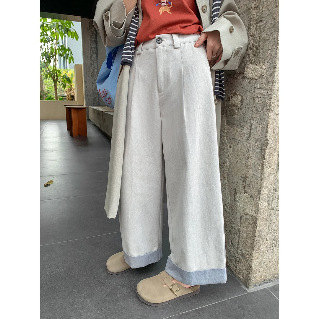 【西西里安】 刚需双色九分裤~春夏薄款撞色卷边阔腿牛仔裤