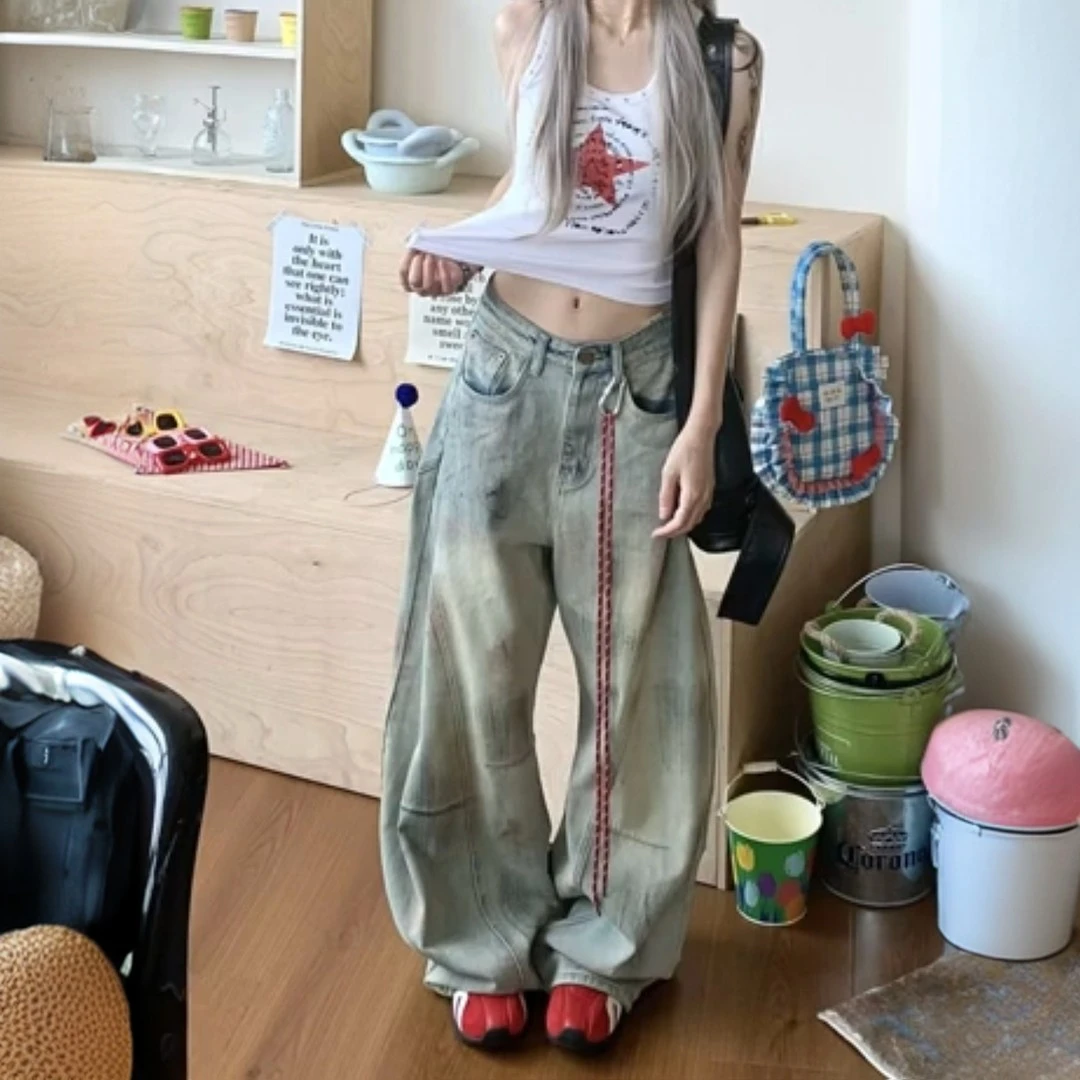 2025复古做旧脏染水洗牛仔裤女2025新款街头辣妹阔腿弯刀拖地长裤