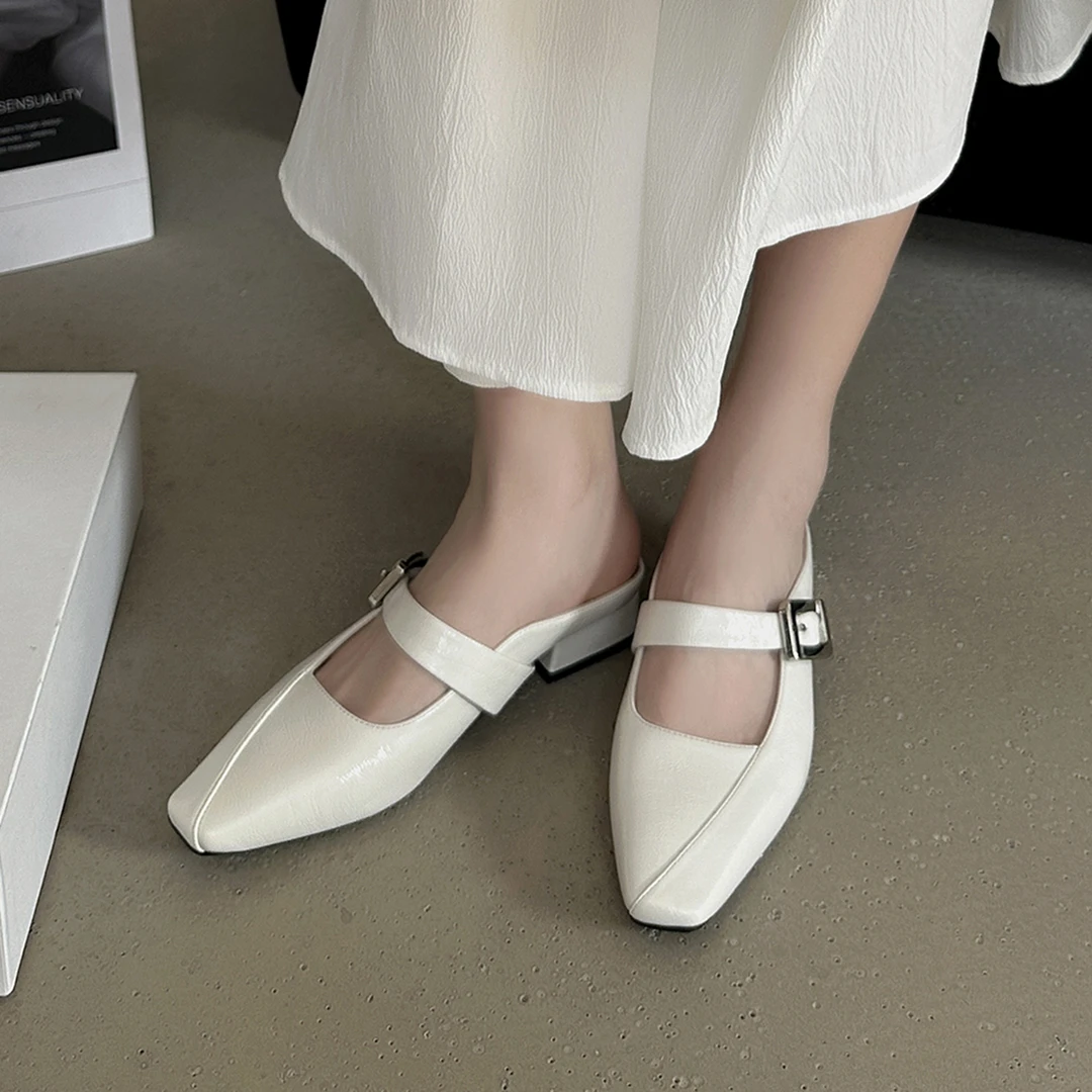 裕达方头软皮后空凉鞋女不累脚浅口单鞋低跟舒适2025夏季新款百搭