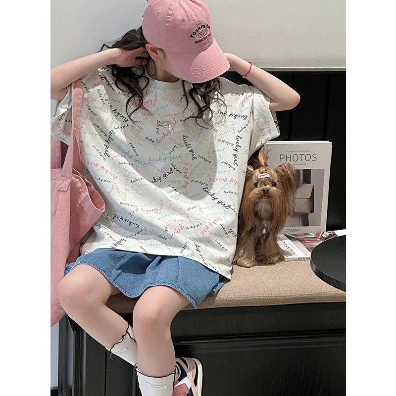 K28645字母满印女童短袖T恤2025夏装新款大童儿童上衣休闲半袖潮t