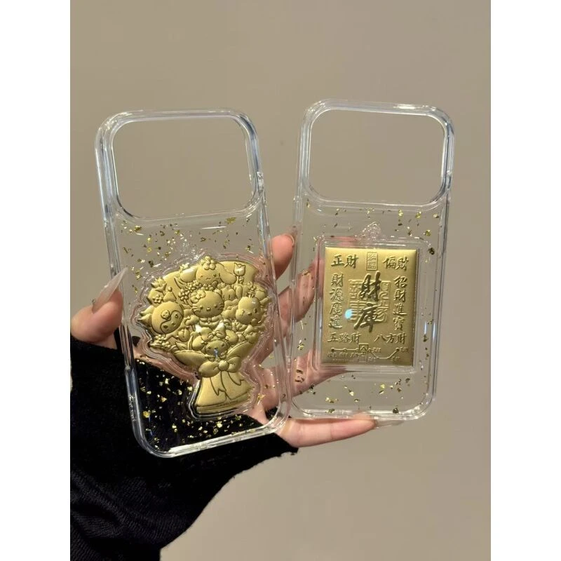 卡通金箔财库三丽鸥手捧花适用ihone17promax苹果16p手机保护壳15