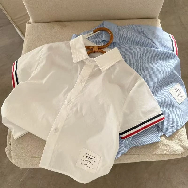 儿童衬衫2025夏季新款男女童织带短袖衬衫宝宝百搭衬衫外套70591