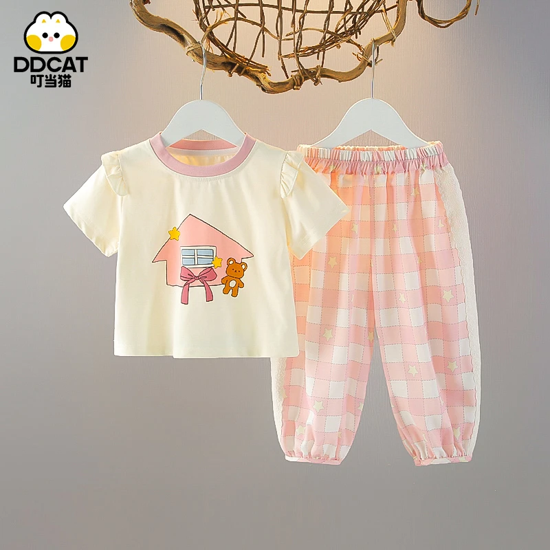 叮当猫女童夏季套装中小童儿童薄款洋气夏装女宝宝短袖童装两件套