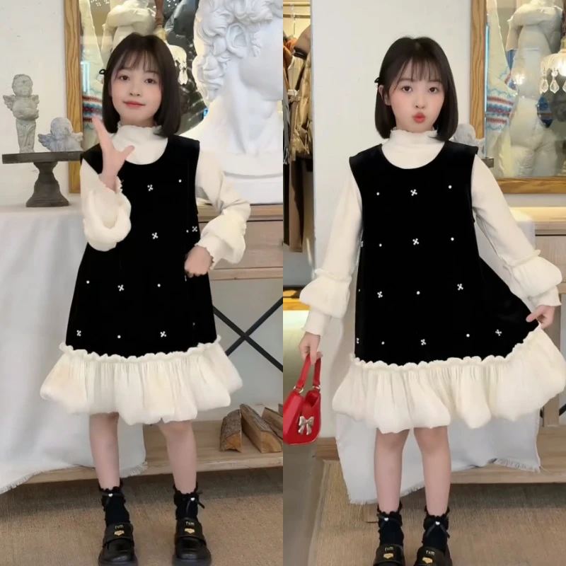 女童加绒连衣裙秋冬2025新款儿童冬装丝绒公主裙女孩背心裙子套装