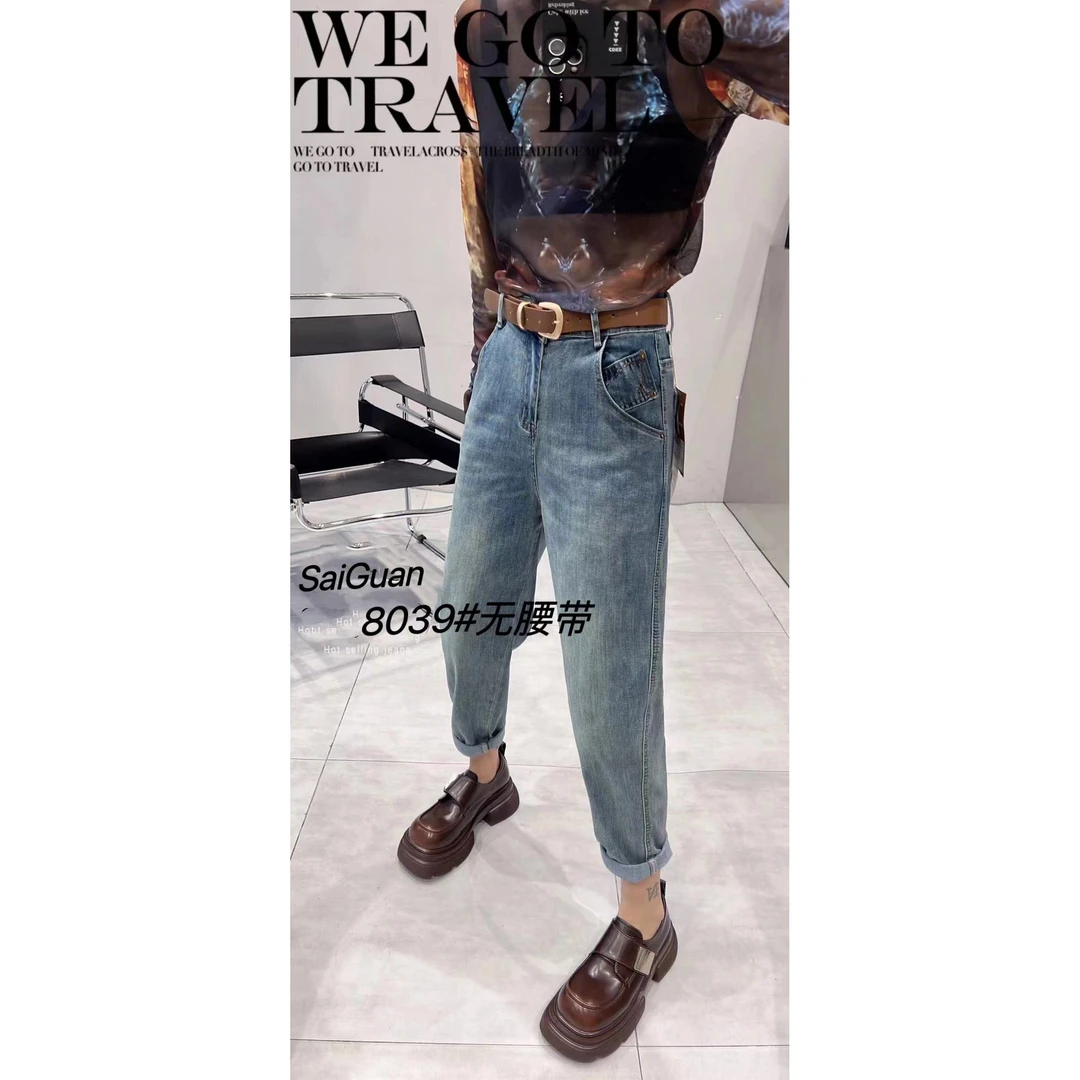 潮秀儿家大码显瘦春季时尚休闲软弹牛仔老爹裤8039