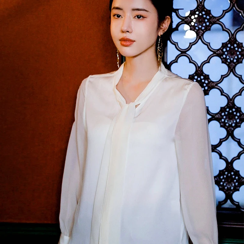 复古日记“如风”极简新中式桑蚕丝双乔飘带款春夏百搭衬衫25ECT352
