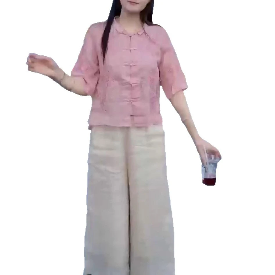 新大爱美依缘2025夏季新款新中式国风盘扣上衣宽松阔腿裤女