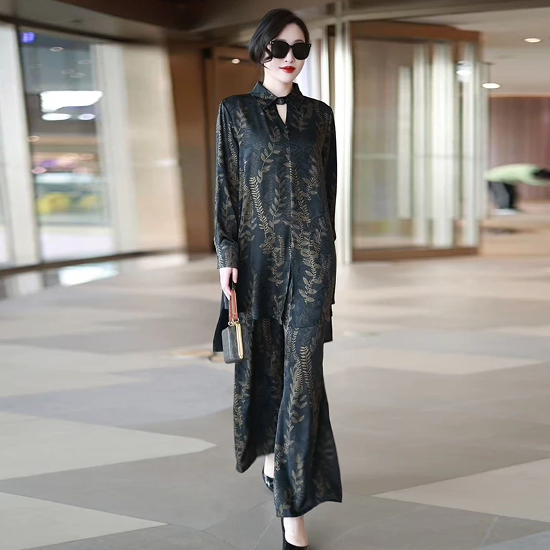 H夏季美衣真丝气质国风高端时尚2025中式麦穗提花衬衫裤子两件套