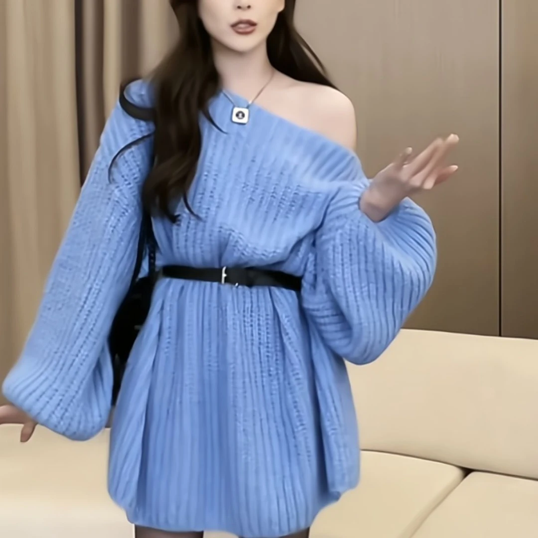 宽松慵懒大毛衣女秋冬新款韩系风格穿搭性感加厚长袖一字肩针织衫