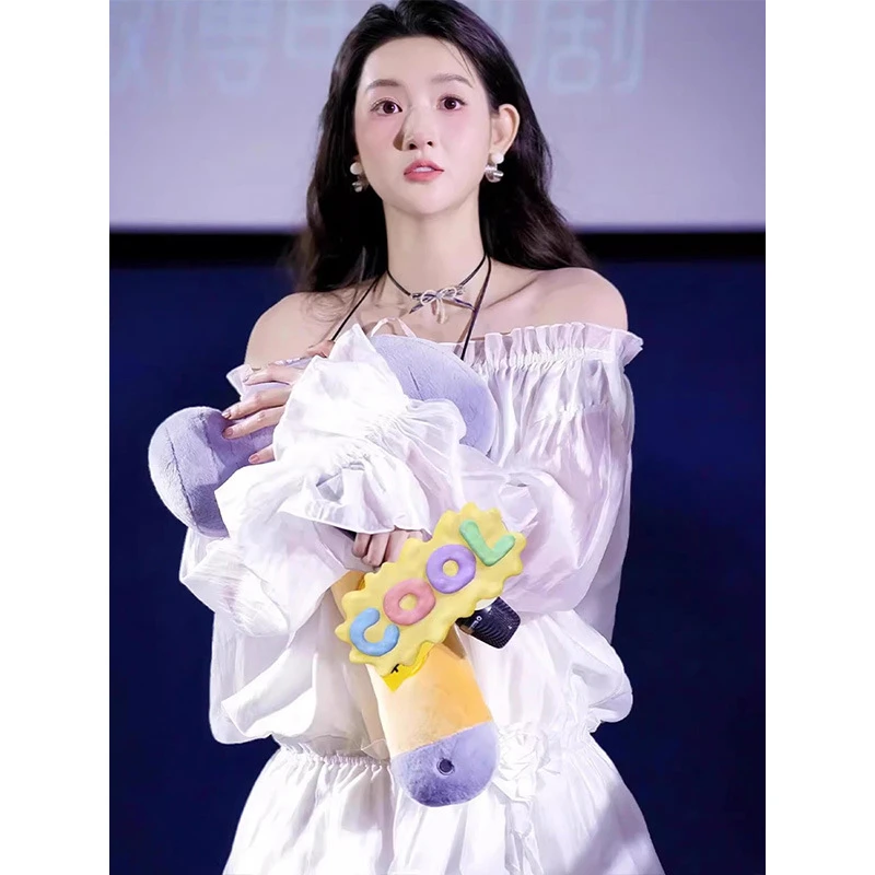 【现货】值得爱王玉雯周水同款法式一字肩衬衫裙子女气质宽松设