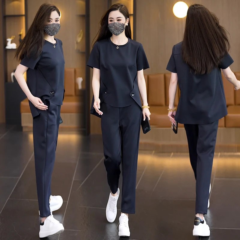 大码女装2025夏新款休闲舒适洋气遮肉显瘦套装短袖时尚气质两件套