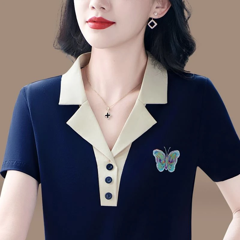 淳启短袖t恤女士夏2025新款中年妈妈西装领POLO衫设计感正肩上衣