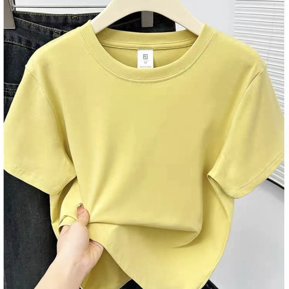 美式正肩短袖t恤女夏季2025新款修身收腰显瘦小个子短款圆领上衣