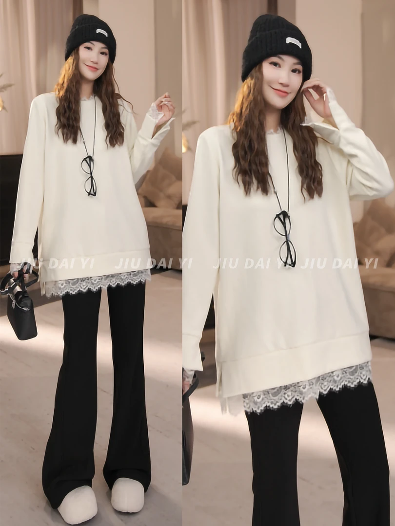 玖黛衣【蕾丝拼接】冬季双面绒宽松拼蕾丝百搭长袖T恤TXP48097