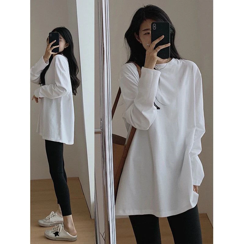 小众慵懒风纯棉白色长袖T恤女春秋季美式chic宽松百搭打底衫上衣