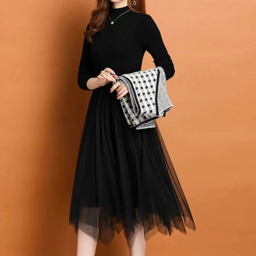 K2436 法式高级感小黑裙通勤裙子网纱打底连衣裙 Q891-24122002