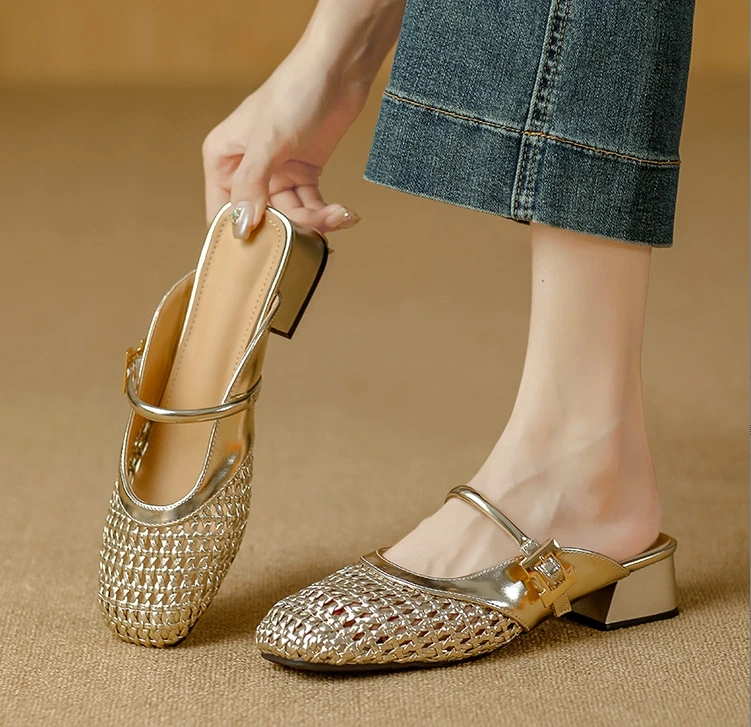 外穿粗跟夏季镂空包头女平底低高凉拖鞋女一字包头网红半拖鞋女