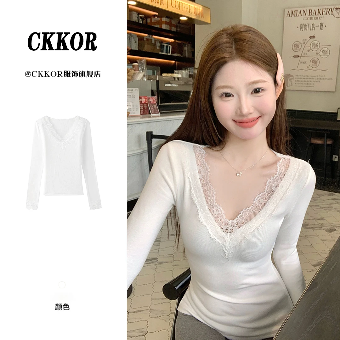CKKOR法式时尚蕾丝V领内衬打底上衣女春秋新款高级设计感白色内搭
