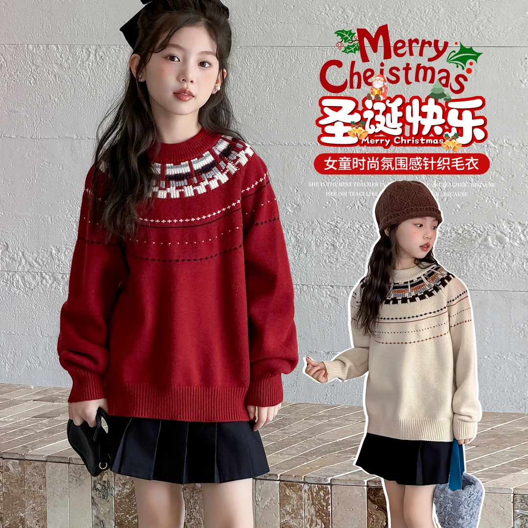 女童毛衣秋冬2025新款女宝宝加厚圣诞针织打底衫衫新年衣服拜年服