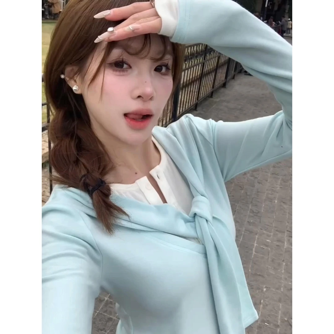 韩系气质氛围感时尚长袖针织T恤女春秋设计感独特假两件内搭上衣