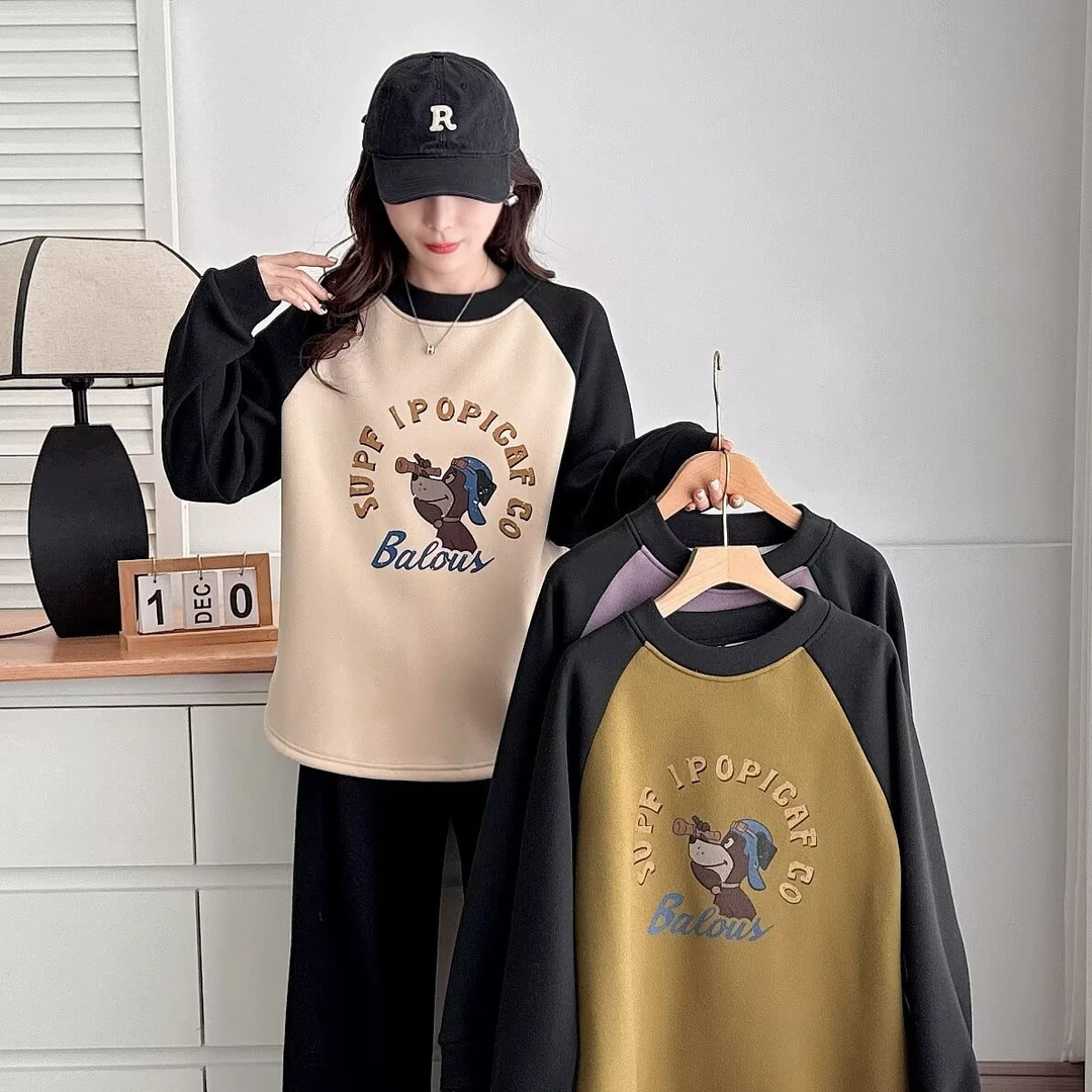 大码胖mm百搭显瘦卡通印花加绒保暖卫衣秋冬宽松休闲减龄上衣929