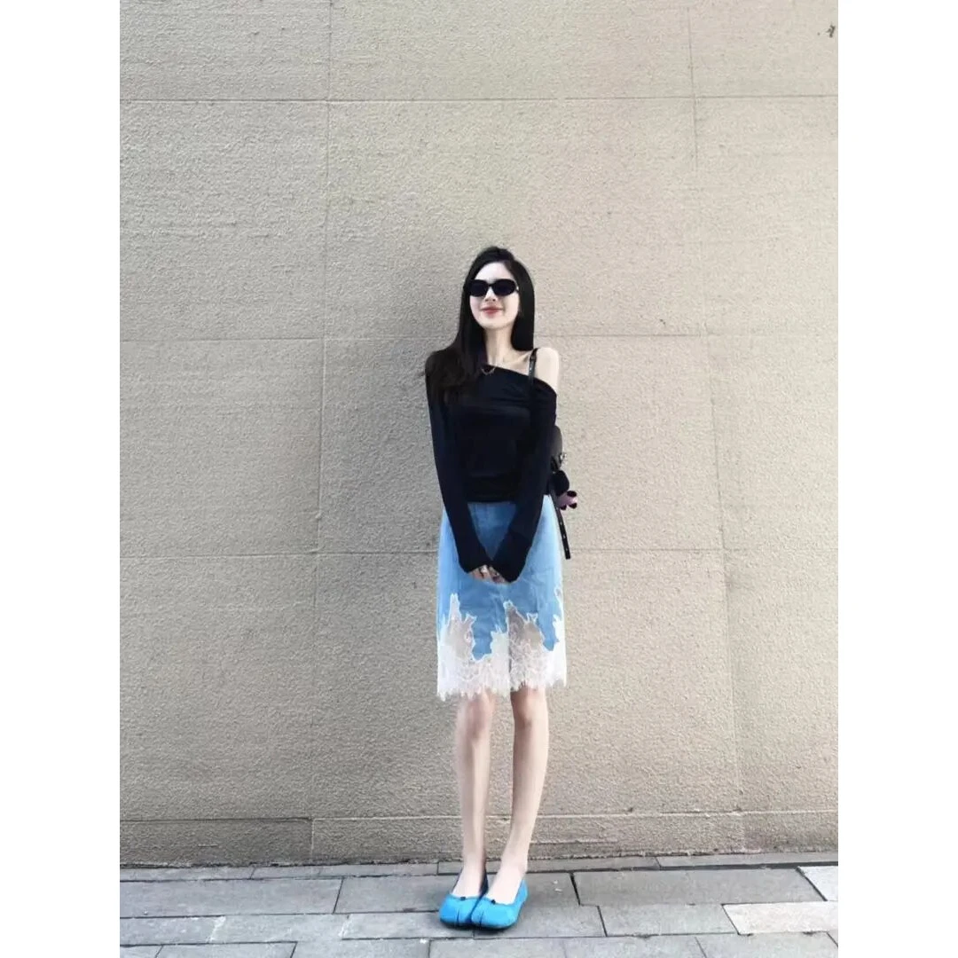 2025春夏新款气韩系黑色气质斜肩防晒长袖T恤 蕾丝拼接牛仔半身裙