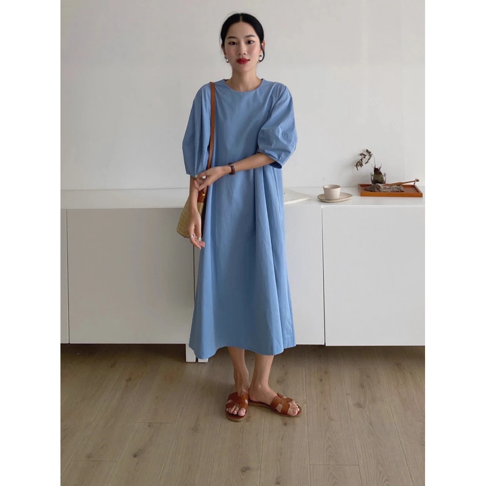 复古法风系温柔气质蓝显白皙小众泡泡袖夏季宽松连衣裙