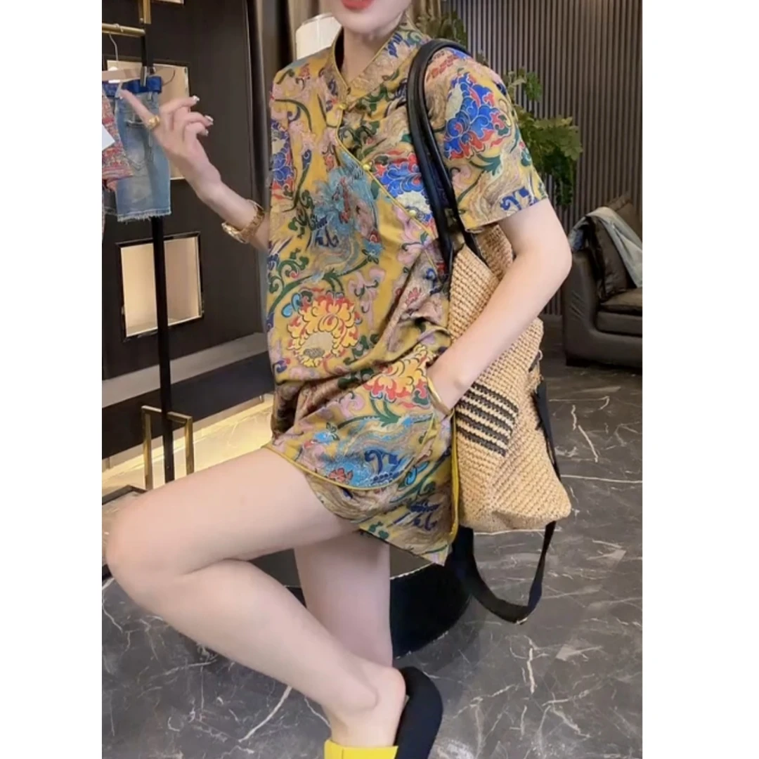 祥云纱2025夏季新款新中式国风重工垂感短袖+短裤女两件套M5536