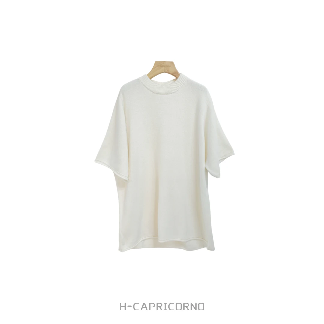H-CAPRICORNO卷边短袖毛衣针织宽松廓形圆领半袖绵羊毛毛衣