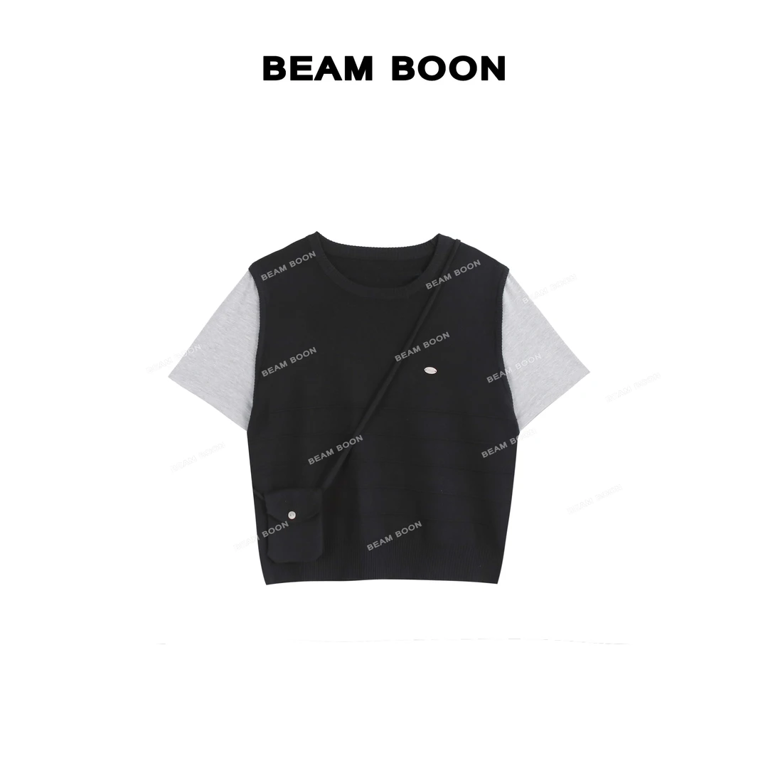 【坚果塔】小清新~撞色坎肩假两件斜跨包短袖针织毛衣